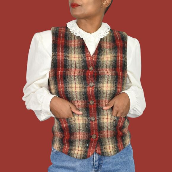 Vintage Eddie Bauer Plaid Wool Vest Red Tartan Check Equestrian Waistcoat Small - Picture 10 of 15